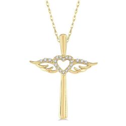 Angel Wings Heart Shape & Cross Diamond Pendant