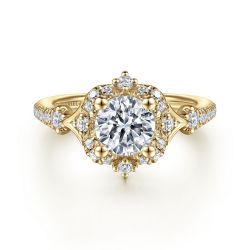 Veronique - Unique 14K Yellow Gold Vintage Inspired Halo Semi Mount Engagement Ring