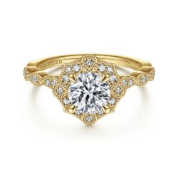 Adaline - Unique 14K Yellow Gold Art Deco Halo Semi Mount Engagement Ring