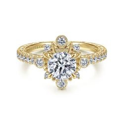 Alessia - 14K Yellow Gold Starburst Halo Round Semi Mount Engagement Ring