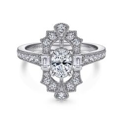 Duchess - Art Deco 14K White Gold Oval Halo Semi Mount Channel Set Engagement Ring