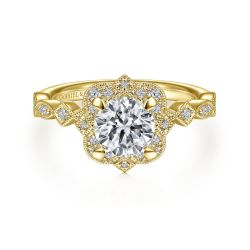 Orsa - Vintage Inspired 14K Yellow Gold Fancy Halo Round Semi Mount Engagement Ring