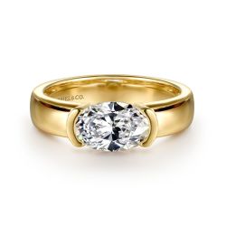 Bara - 14K Yellow Gold Half Bezel East West Oval Diamond Semi Mount Engagement Ring