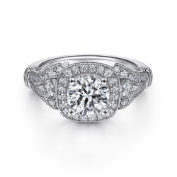 Delilah - Vintage Inspired 14K White Gold Cushion Halo Round Semi Mount Engagement Ring