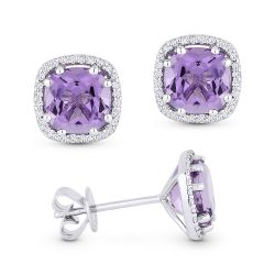 Front and side view amethyst and diamond stud earrings