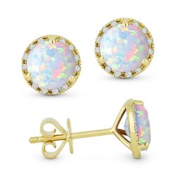 Front and side view opal and diamond stud earrings yellow gold