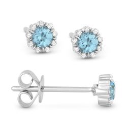 Front and side view blue topaz and diamond stud earrings