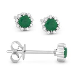 Front and side view emerald and diamond stud earrings
