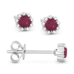 Front and side view ruby and diamond stud earrings