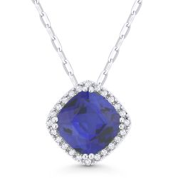 Created Blue Sapphire and Diamond Halo Pendant and Necklace Front View