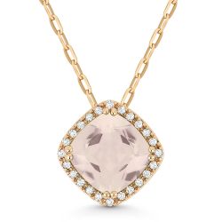 Created Morganite and Diamond Halo Pendant and Necklace Front View Rose Gold