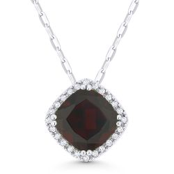 Garnet and Diamond Halo Pendant and Necklace Front View White Gold