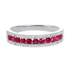 Front View 14K White Gold 3 Row Multi-Channel Diamond & Ruby Band