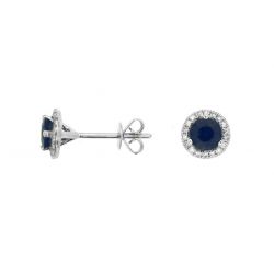 14k White Gold .90tgw Blue Sapphire and .14tdw Diamond Halo Stud Earrings