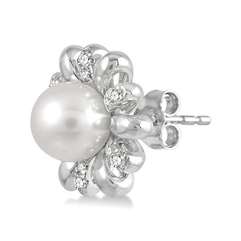 1/6 ctw Floral 6MM Round Pearl & Round Cut Diamond Stud Earring 